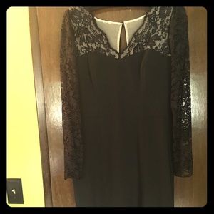 Sleek black sheath dress with 3/4 lace sleeves